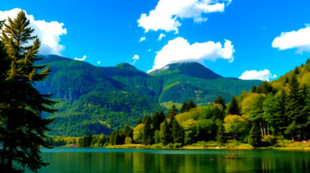 Beautiful alpine lake with mountains in the background, Switzerland.