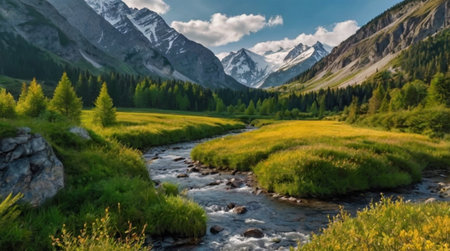 Panoramic view of mountain river in the Altai mountains.