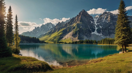 Mountains and lake in the Canadian Rockies, Banff National Parkの写真素材