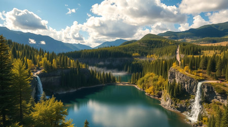 Panoramic view of alpine lake in the mountains. Beautiful landscape.の写真素材