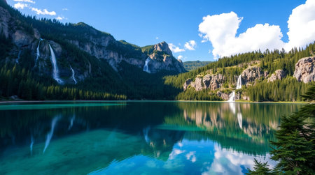 Panoramic view of Moraine lake in Banff National Park, Canadaの写真素材