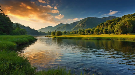 Beautiful summer landscape with river and mountains at sunset. Composition of nature.