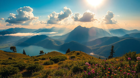 Sunset in the mountains. Beautiful summer landscape. Carpathians, Ukraine, Europeの写真素材