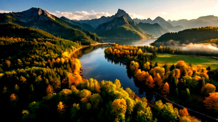 Aerial view of lake and mountains in autumn, Bavaria, Germany