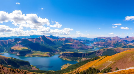 Mountain lake with blue sky and white clouds. Siberia, Russiaの写真素材