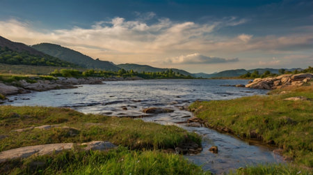 Landscape with a mountain river in the Carpathians, Ukraineの写真素材