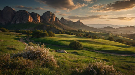 Beautiful spring landscape with meadows and mountains on the background.の写真素材