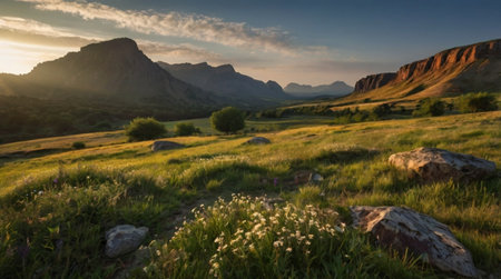 Sunset in the mountains. Landscape with rocks and meadows.の写真素材