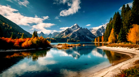 panoramic view of alpine lake and snow mountain in autumnの写真素材