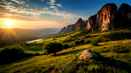Sunset in the mountains. Beautiful summer landscape. Crimea, Ukraine, Europe.