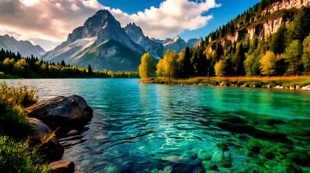 Mountain lake in the Dolomites, Italy. The concept of active and photo tourism
