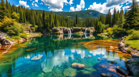 Beautiful mountain lake with clear turquoise water surrounded by coniferous forest.の写真素材