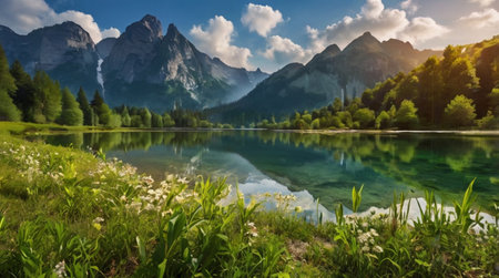 Idyllic alpine landscape with lake and mountains in the backgroundの写真素材