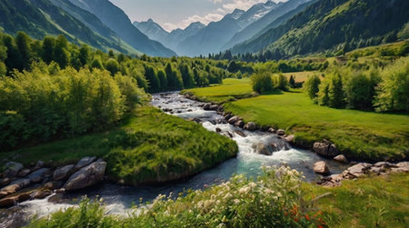 Panoramic view of the mountain river in the mountains. Beautiful summer landscape.
