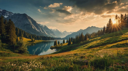 Beautiful mountain lake in the Alps at sunset. Panoramic view.