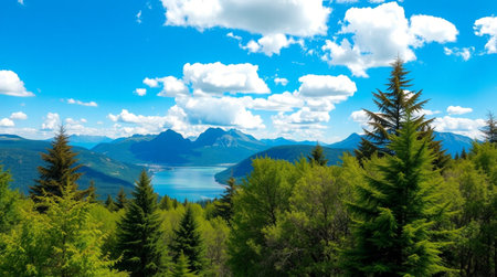 panoramic view of the lake and mountains on a sunny day