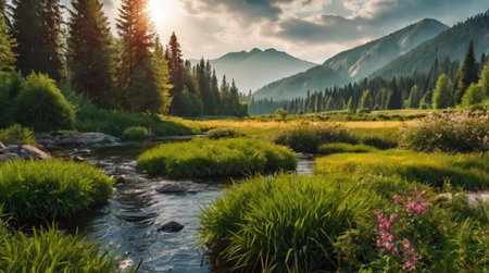 Panoramic view of mountain river and forest. Beautiful summer landscape.の写真素材