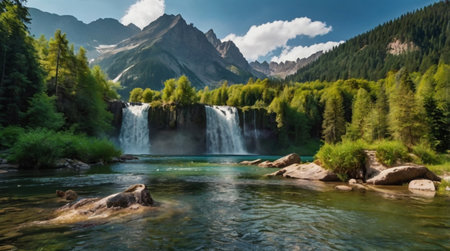 Beautiful view of the waterfall in the mountains. Wonderful summer landscape.の写真素材