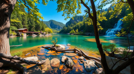 Beautiful alpine lake with crystal clear water and blue sky in summer. Popular travel destination.の写真素材