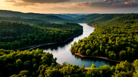 Aerial view of the river flowing through the forest at sunset.の写真素材