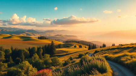 Beautiful summer landscape in Tuscany, Italy. Sunrise over the hills.の写真素材