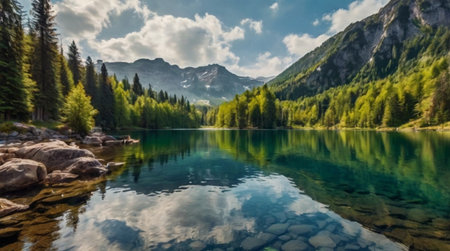Panoramic view of alpine lake with reflection in water.