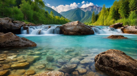 Mountain river with clear water and rocks. Beautiful summer landscape with mountain riverの写真素材