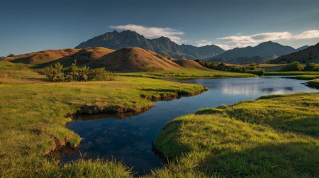 Beautiful summer landscape with mountain lake, grass and blue sky.の写真素材