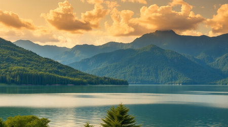 Sunset on a lake in the mountains. Landscape with mountains and lake.の写真素材