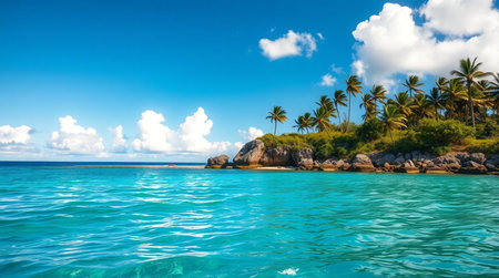 Tropical beach with palm trees at Seychelles, Mahe