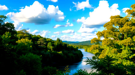 Beautiful landscape with river and blue sky with white clouds. Nature background