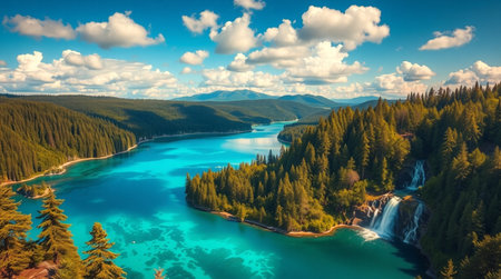Panoramic aerial view of turquoise water of the emerald lake in the mountains.の写真素材