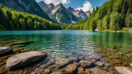 Panoramic view of alpine lake with crystal clear water and mountains in background