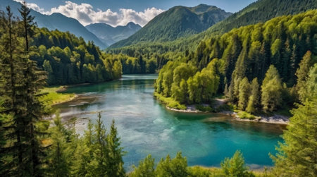 Panoramic view of the emerald mountain river in the mountains