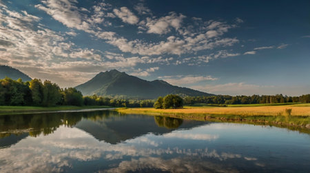 Beautiful summer landscape with lake and mountains in Bavaria, Germanyの写真素材