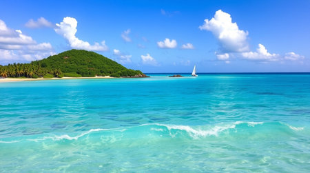 tropical beach with white sand and turquoise water at Seychellesの写真素材