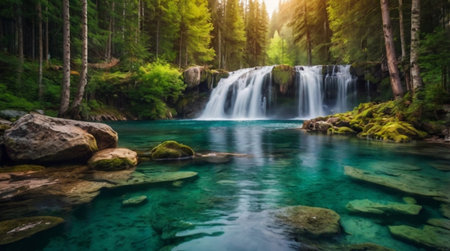 Waterfall in the forest. Waterfall in the forest. Beautiful nature landscape.の写真素材