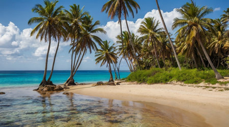Beautiful tropical beach with coconut palm trees at Seychellesの写真素材