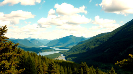 Mountain landscape with lake and forest under blue sky with white clouds