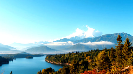 Mountains and lake in autumn, Alaska, United States of Americaの写真素材