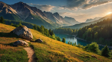 Panoramic view of the lake in the mountains at sunrise.の写真素材