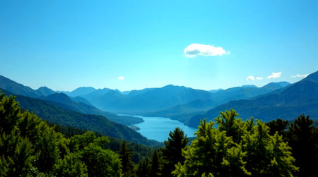 Lake in the mountains with blue sky and white clouds. Landscape.