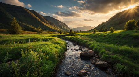 Panoramic view of the mountain river at sunset. Beautiful summer landscape.