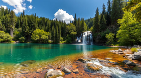 Beautiful mountain lake with clear water and waterfall in the background.の写真素材