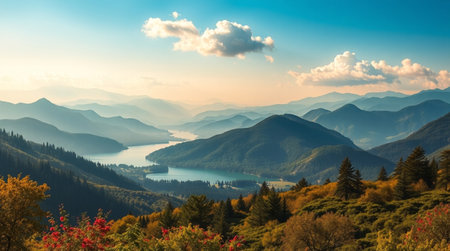 Autumn mountain landscape with lake and forest. Panoramic view.の写真素材