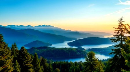 Panoramic view of the lake in the mountains at sunset.の写真素材
