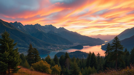 Panoramic view of Lake Lucerne and Alps mountains at sunset, Switzerland