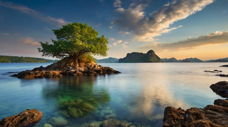 Panoramic view of beautiful seascape with tree on rock.の写真素材
