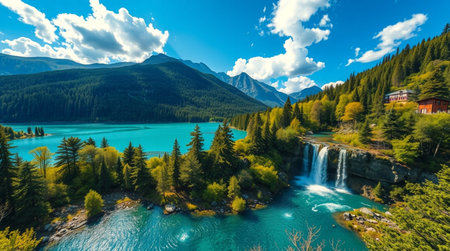Panoramic aerial view of the turquoise emerald water of Kootenay Falls, British Columbia, Canadaの写真素材