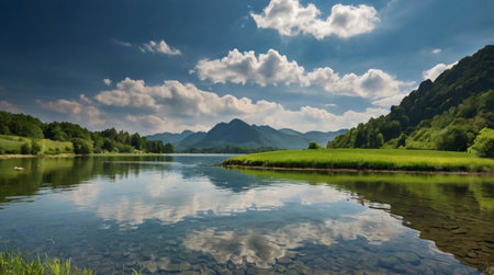 Landscape with lake and mountains in Bavaria, Germany, Europeの写真素材